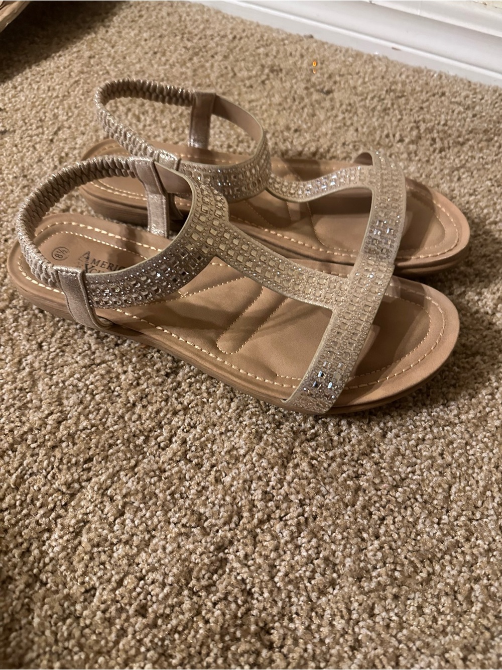 American Exchange Tan Rhinestone T-Strap Sandals